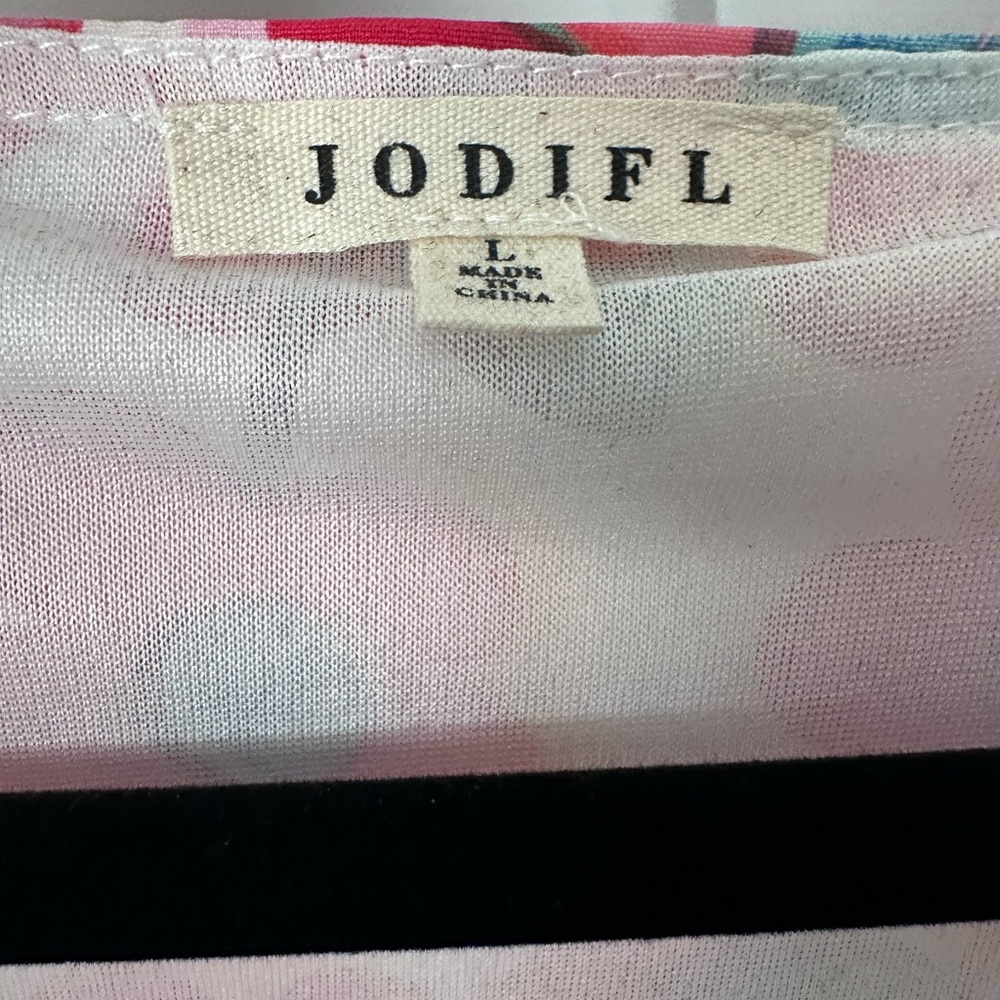 JODIFL Pink Floral Mini Dress with Green Leaves and Blue Centers - Picture 3 of 4